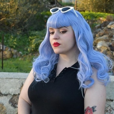 Long Blue pinup style wig, curled with short fringe: Ophelia