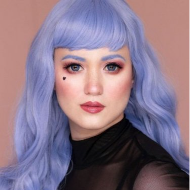 Long Blue pinup style wig, curled with short fringe: Ophelia