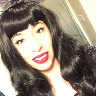 Black 1950s pinup style wig, curled with short fringe: Milena