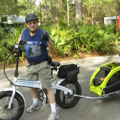 Slippers on her 1st. eBike trailer ride at Topsail State Park, Florida